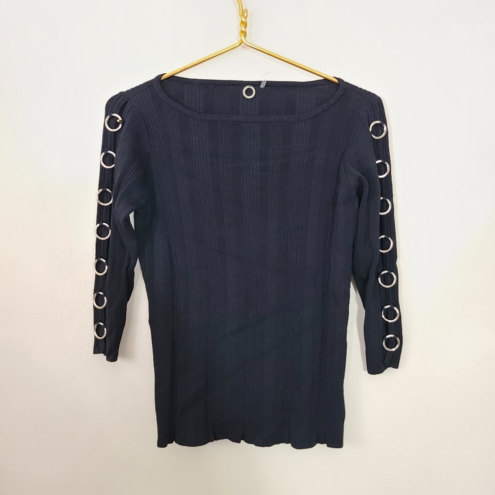 One Girl Who Black Ribbed Long Sleeve Shirt with Silver‎ Detail Womens Size M